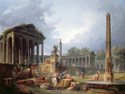 Architectonische capriccio met obelisk door Hubert Robert